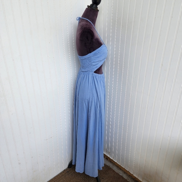 Labiz Blue Tie Neck Halter Linen Blend Maxi Long Dress Women's Cutout Sz S - Picture 5 of 16